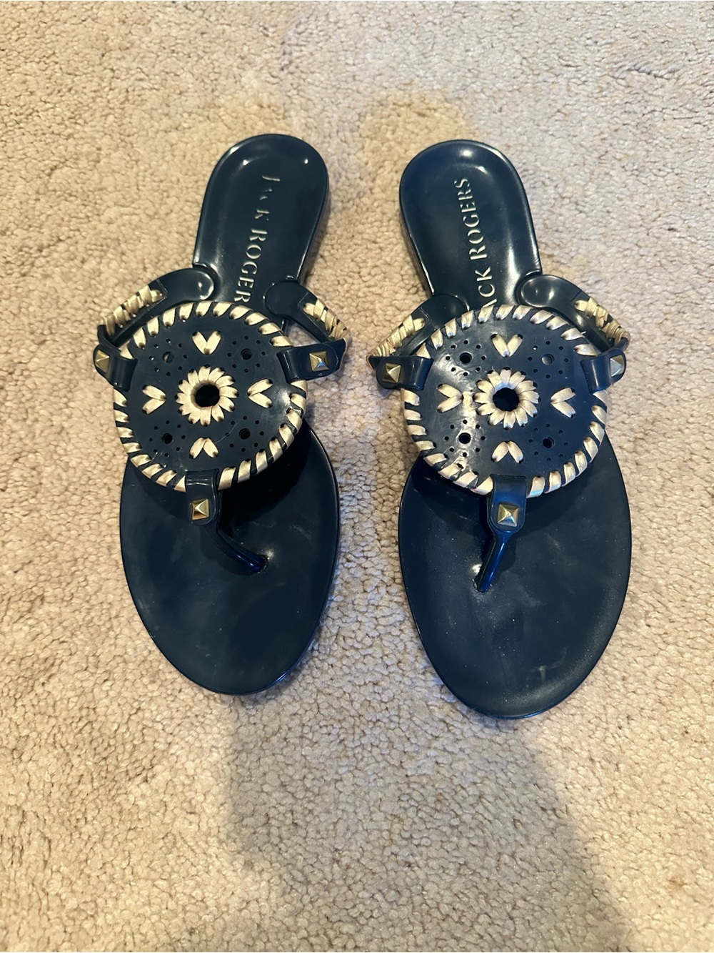 Jack Rogers Navy Leather Thong Sandals with Natural Braided Accent